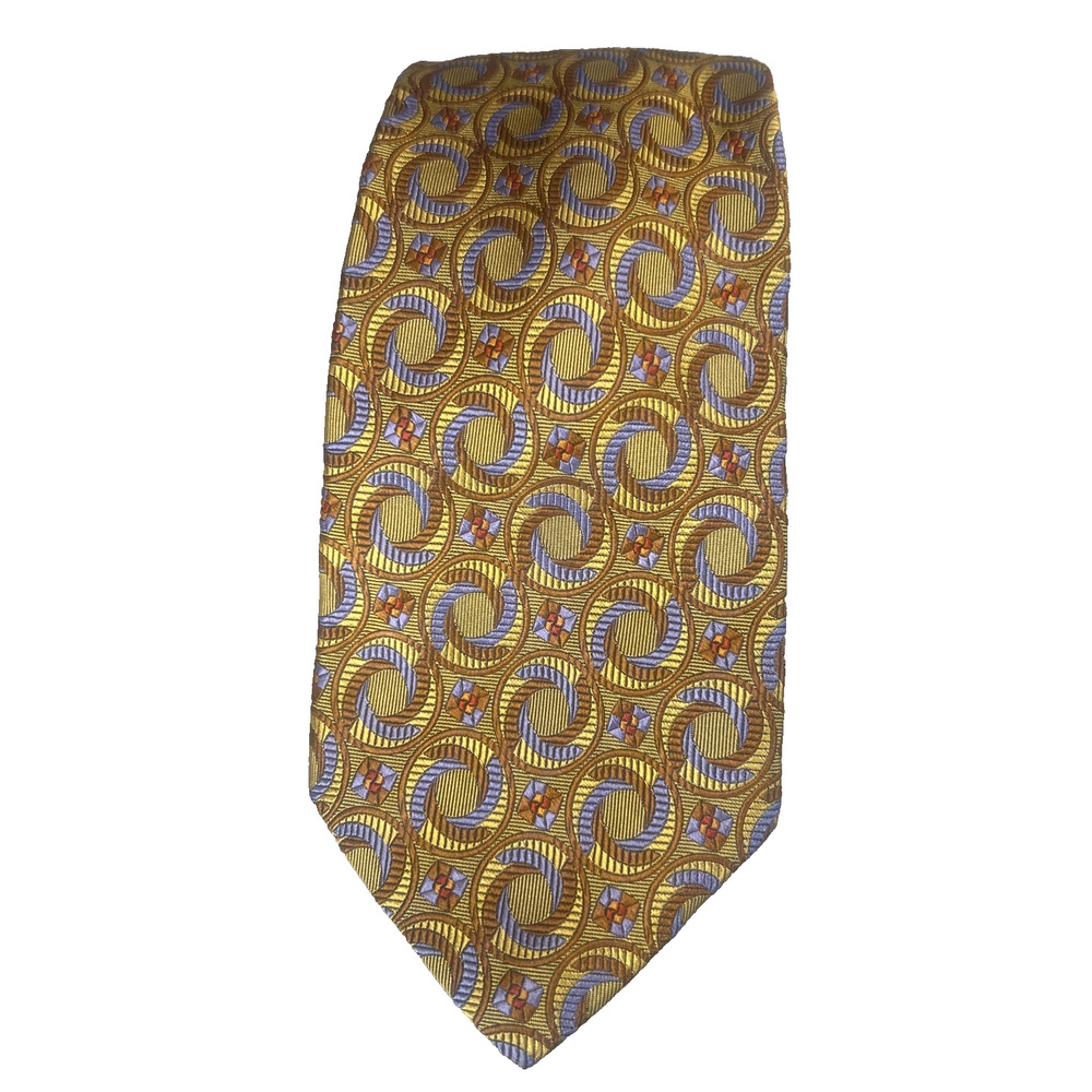 Robert Talbott Estate 100% Silk Necktie Yellow Gold Purple Geometric Swirls USA